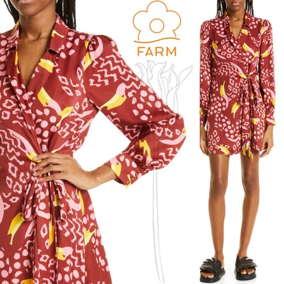 Farm Rio Toucanissimo Long Sleeve Print Wrap Mini Dress - Picture 1 of 14